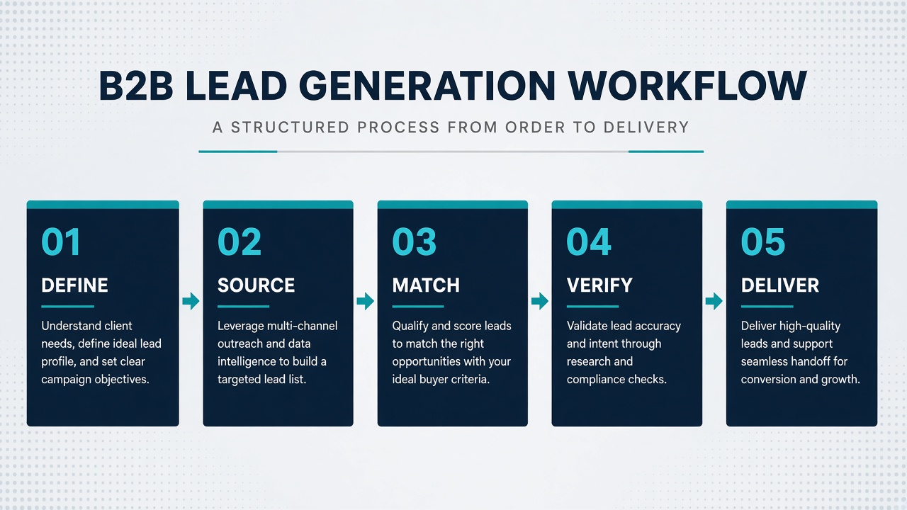 B2B lead generation workflow: Define, Source, Match, Verify, and Deliver — a structured process from order to delivery